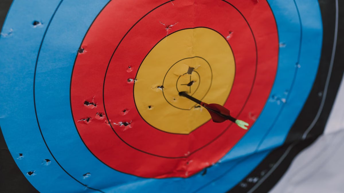 Close-up of a target in archery with a single arrow hitting the bullseye, showcasing precision and skill.